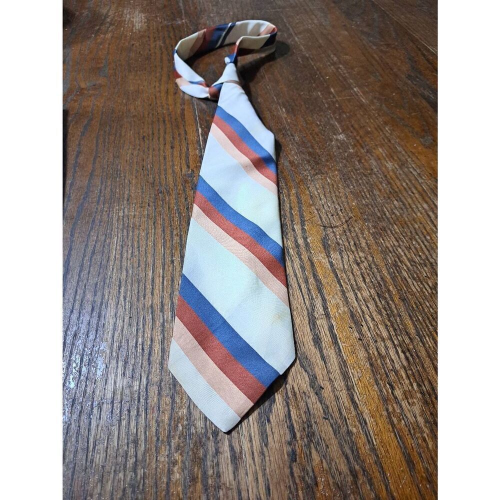 Vintage JCPenny Cream Ivory Rust Blue Polyester Mens Neck Tie